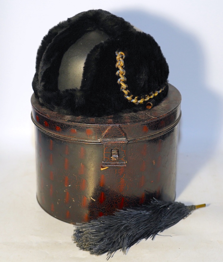 A Burberry RAF style dress hat and tin, 1920's